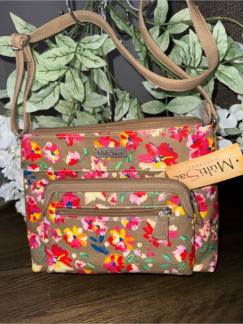 MultiSac Floral Crossbody Bag in Taupe with Pink & Red Flowers